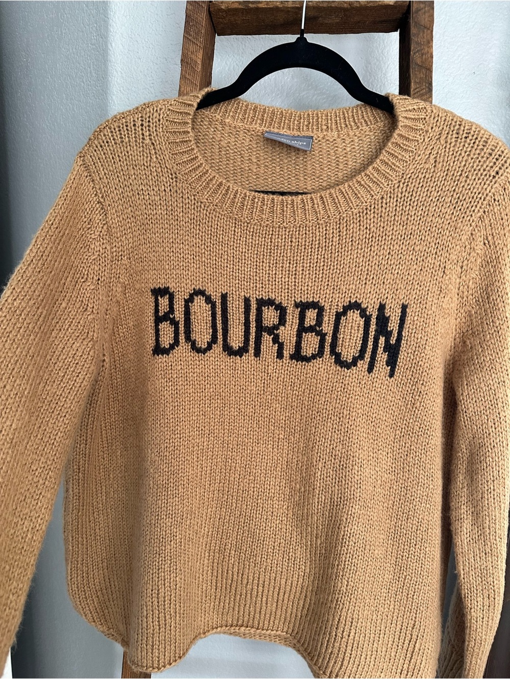 Wooden Ships Camel Crewneck Sweater with Black BOURBON Text size S/M - Picture 6 of 16